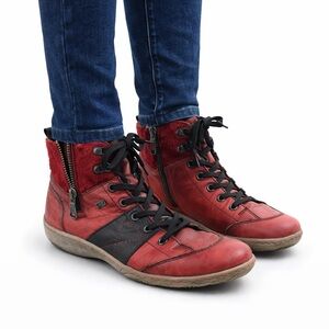 Size 10 (41) Remonte 8908 Women’s Leather Ankle Boots Red Lace Up Zip Comfort
